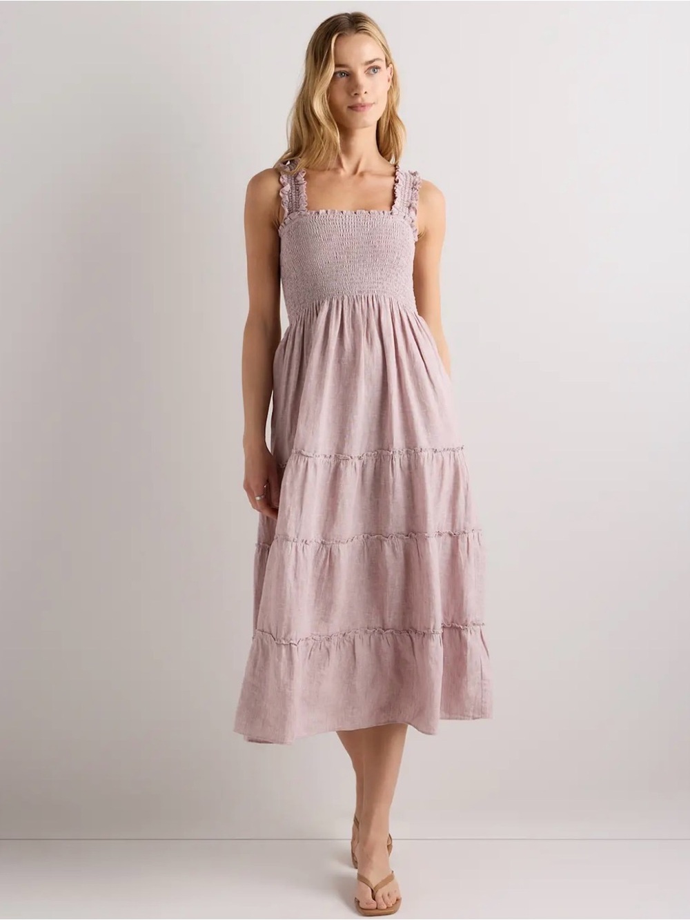 Quince 100% European Linen Smocked Midi Dress Pale Pink XL